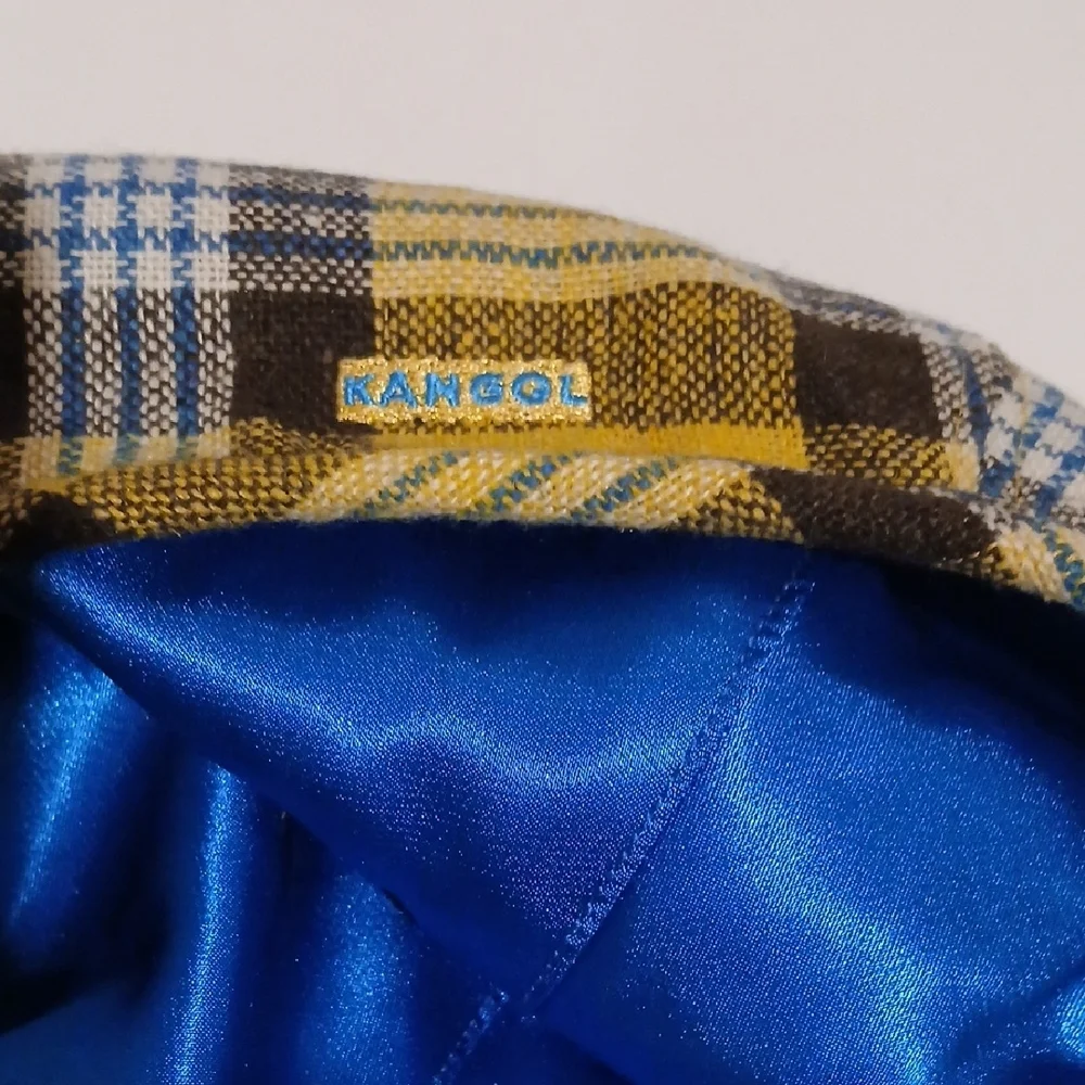 Kangol Yellow Plaid Kids Beret with Blue Pom-Pom